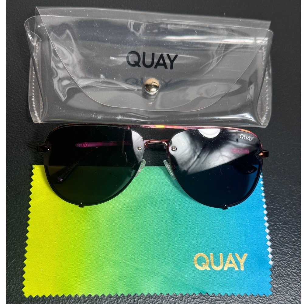 Quay High Key‎ Rimless Mini Aviator Sunglasses Tortoise Black Lens 19567 Case